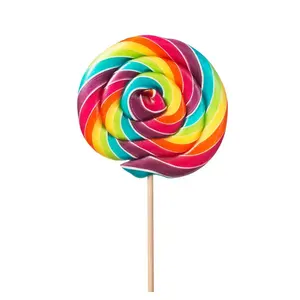 Halal Cheap Rainbow Fruit Flavour Swirl Round Flat Lollipop Candy