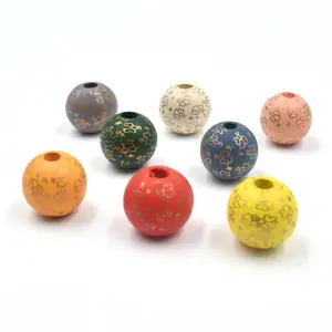 New 16mm Colorful Natural Wood Beads Printed Golden Angel Charm Loose Wood Spacer Beads for Farmhouse Garland DIY Jewelry Making