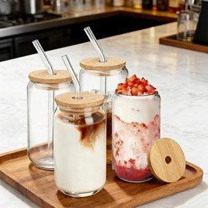 Pot en verre borosilicate à paroi simple de forme personnalisable de 16 oz <span class=keywords><strong>et</strong></span> 20 oz avec couvercle en bambou <span class=keywords><strong>et</strong></span> paille, <span class=keywords><strong>tasse</strong></span> à café - Product Image 1