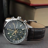 Grosir Jam Tangan Chronograph Kuarsa Pria Jam Tangan Seikot Olahraga Bisnis Kulit Buaya Coklat Dial Hijau Tiga Mata 385P1