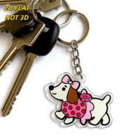 Porte-clés en acrylique chien mignon, breloque chiot rose de dessin animé avec robe à pois, résistant aux rayures, anneau fendu inclus