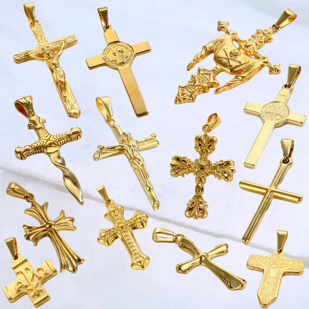 Wholesale 14k 18k gold plated stainless steel christian religious jesus charm crucifix cross pendant for women men