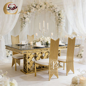 Juego de Mesa de Comedor de Lujo con Tapa de Cristal y Base de Escamas de Pescado Doradas, 6 Sillas, Moderno, para Exteriores, Hotel, Restaurante - Product Image 1