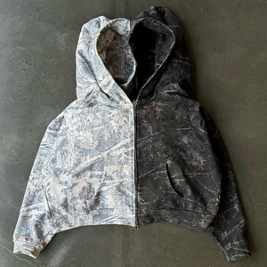 Sweat-shirt pour <span class=keywords><strong>homme</strong></span> à capuche surdimensionné avec fermeture éclair, imprimé intégral avec un logo personnalisable, motif de branche d'arbre, effet délavé - Product Image 2