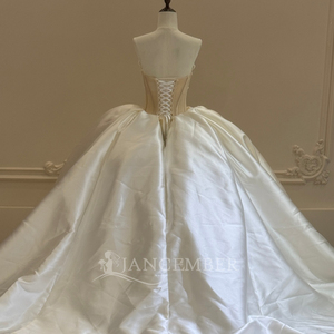 Xs289 Strapless Pearl Beaded Satin Ball Gown Modern <b>Wedding</b> Dress Lace Applique Chapel Train Bridal for - Product Image 6