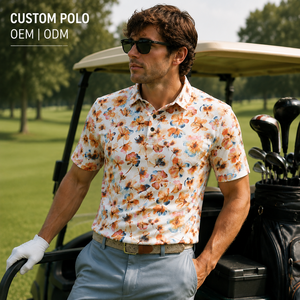 Polo de Golf Personalizado Premium para Hombre, Color Naranja con Diseño Floral, Absorbente de Humedad, Marca Privada, Ropa de Resort OEM - Product Image 1