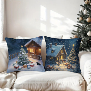 Scènes de village de Noël chaleureuses sur des coussins décoratifs avec neige, arbres et lumières douillettes pour la décoration des fêtes. - Product Image 3