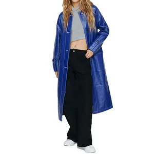 Customized Women PU Leather Contrast Stitch Windbreaker Lapel Collar Long Sleeves Belted Waist Button Down Windproof Trench Coat