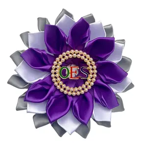 Handmade Premium Colorful Ribbon OES Corsage Pin Dainty Purple White And Grey Tone Order Of The Eastern Star Flower Brooch