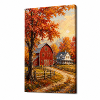 Poster Cetak Kanvas Abstrak Autumn Red Barn Farm Seni Dinding Siap Digantung Dekorasi Ruang Tamu Hotel yang Dapat Disesuaikan