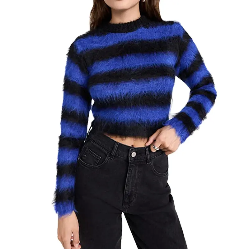 Dames Dikke Trui Zwart Blauw Gestreepte Mohair Wolmix Gebreide Fuzzy Crop Top Mohair Trui Voor Dames