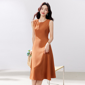 Sleeveless Midi Dress For Women Solid Color O Neck Natural Waist Daily Casual Wear Simple Style Elegant Fashionable - Product Image 2