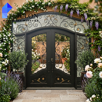 Porte d'entrée double élégante en fer forgé de style européen avec arche cintrée et panneaux latéraux pleine largeur pour villa