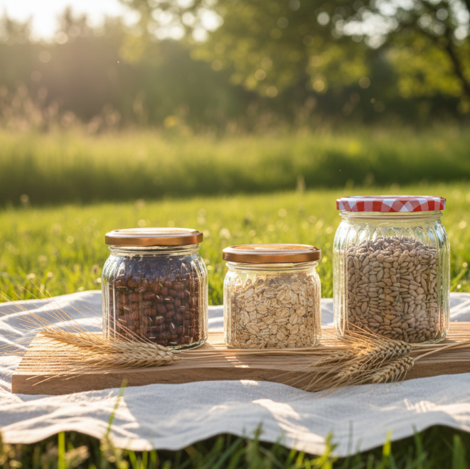 High Quality Vertical Striped Glass Jar with sealed Metal Screw Cap for Storing Jam Honey Oats and Dry Goods in the Kitchen