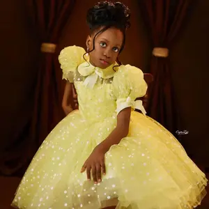 <span class=keywords><strong>Chic</strong></span> jaune fleur fille robes col haut à manches courtes princesse Tulle petites filles fête d'anniversaire <span class=keywords><strong>robe</strong></span> de reconstitution historique - Product Image 5
