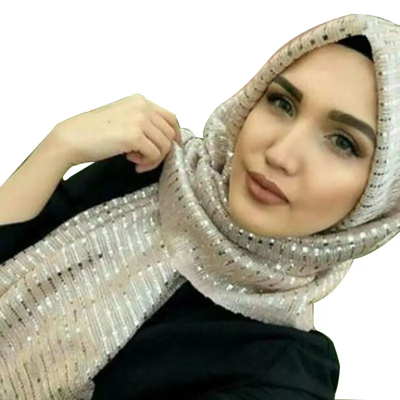 새로운 스타일 이슬람 Hijab 여성 긴 스카프 고품질 반짝 이는 Lurex 스팽글 쉬머 주름 주름 Hijab 스카프 목도리 HW282