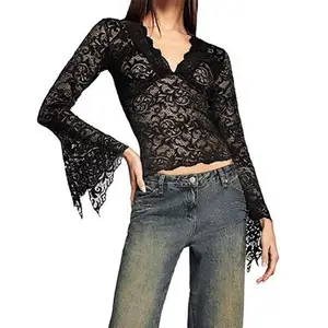 See Through V-neck Long Sleeve Lace Sexy Skinny Tops Women 2023 Summer Party Club Tees Streetwear Casual Elegant T-Shirts