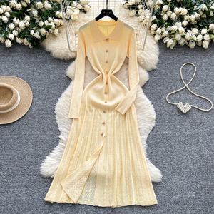 Vestido <span class=keywords><strong>de</strong></span> Verano Estilo Francés, Cuello <span class=keywords><strong>de</strong></span> Muñeca, Cierre <span class=keywords><strong>de</strong></span> Botón, Color Sólido, Maxi, Tejido, Cintura Imperio, Vintage, Ajustado - Product Image 4