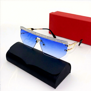 Unisex Rimless Luxury <b>Sunglasses</b> Casing Mirror Crystal Accents Anti-Reflective Gradient Blue Lenses UV Protection for Adult - Product Image 1