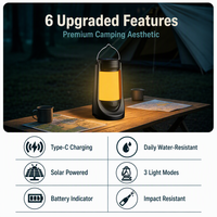 Lanterne de camping LED rechargeable à l'énergie solaire, lampe de tente portable à effet de flamme, lampe de travail extérieure à intensité variable, magnétique