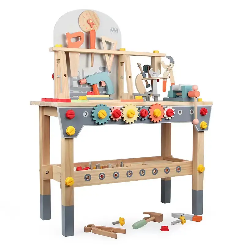 COMMIKI DIY Multi-function Wooden Simulation Repair Tool Workbench Pretend Play Toy Tool Table Set Toy For Boys