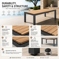 Mesa de Comedor Rectangular para Exteriores, Estructura de Aluminio Negro con Listones de Madera WPC, Mesa de Comedor para Patio y Jardín