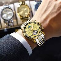 Montre mécanique pour homme POEDAGAR 1412, tourbillon, bracelet en acier inoxydable doré, phase lunaire luminescente, fonction jour, résistante aux chocs et à l'eau