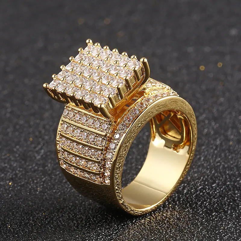 Bague Hip-Hop en diamant glacé, unisexe, breloque carrée, diamant Hyperbolic, CZ Zircon, or 18k