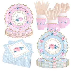 ชุดถ้วยน้ำชา จานรอง กระดาษเช็ดปาก ถ้วยชาและจานรองพร้อมหูจับ สำหรับงานเลี้ยงวันเกิดเจ้าหญิง ตกแต่งงานฉลองวันเกิดเด็ก ลายดอกไม้ - Product Image 3