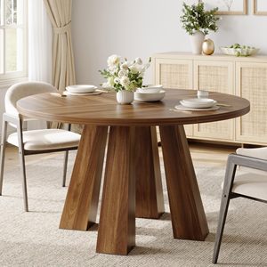 Table à manger ronde SENYU en noyer de 47 pouces avec 4 pieds inclinés robustes, base en bois géométrique pour 4 à 6 personnes. - Product Image 2