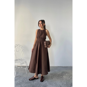 Robe maxi sans manches en mousseline marron, taille élastique, robe décontractée, taille S - Product Image 2