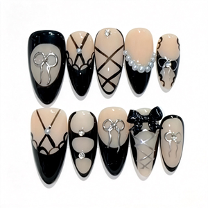 Uñas postizas cortas almendradas hechas a mano con punta francesa, lazo plateado, mini perlas, estilo Balletcore, uñas de gel de lujo al por mayor - Product Image 1