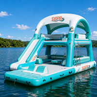Isla Flotante Inflable Portátil con Tobogán y Toldo, Estructura Resistente para Reuniones Grupales en la Piscina