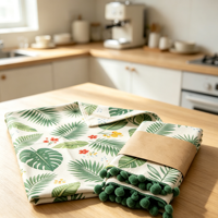Essuie-tout décoratif Hoshom avec bordure à pompons, en coton, impression vive, personnalisable, motif scène de cuisine merveilleuse