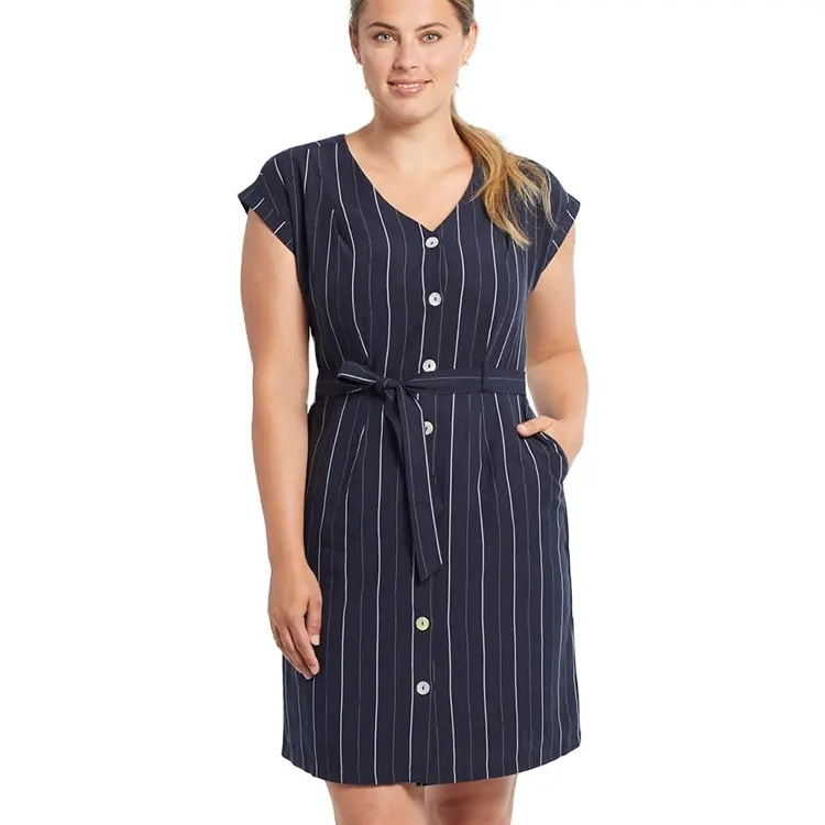 Casual Summer Fashion Navy Blue Background White Stripe Dress With Belt For Women