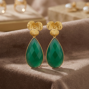 Boucles d'oreilles pendantes en argent sterling faites à la main avec pierres précieuses, onyx vert, plaqué rhodium, style bohème - Product Image 3