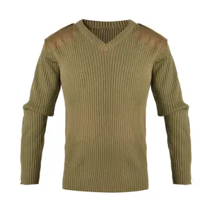 Grosir Khaki V Neck wol pria Pullover Epaulette Sweater