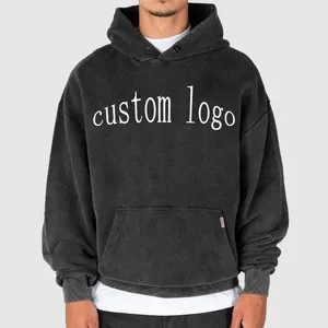 Custom Hoodies Heren 100% Katoen Zwaargewicht Puff Print Oversized Streetwear Hoodie Vintage Gewassen Zwarte Hoodies Voor Heren