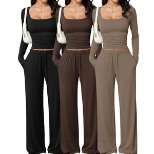 Sweethoney OEM Women's Casual Trousers <strong>Set</strong> <strong>Square</strong> Neck Long-Sleeved Short Top <strong>Set</strong> Breathable Modal Women's Sportswear <strong>Set</strong> - Product Image 2