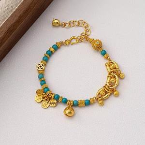 Elegant Vintage Turquoise Beaded <b>Bracelet</b> for Women High-End Stainless Steel Light Luxury Trendy Versatile Exquisite Layered - Product Image 3