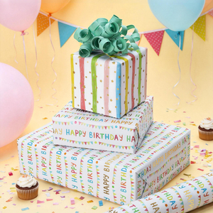 Pastel Birthday Letter Decorative Wrapping <b>Paper</b> <b>Roll</b> Dual Face Striped Design For Children Holiday Birthday Gift Packing Supply - Product Image 5