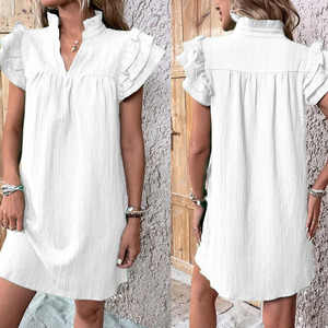Women's <b>Summer</b> Sweet Breathable New Fashion Solid Mini A-Line Dress Multi-Layered Ruffle Sleeve V-Neck Pullover Versatile - Product Image 2