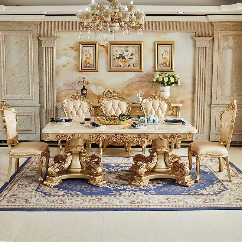 Set meja makan ukiran kayu Solid, gaya Eropa marmer meja persegi panjang kombinasi Villa restoran rumah tangga