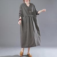 Robe longue décontractée ample col en V ligne A manches longues tissée lin coton taille unique femmes Vintage Plaid automne/hiver