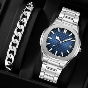 Orologio da Polso da Uomo con <span class=keywords><strong>Quadrante</strong></span> <span class=keywords><strong>Quadrato</strong></span>, Cinturino in Acciaio Inossidabile, Calendario, Movimento al Quarzo e Set Bracciale - Product Image 3