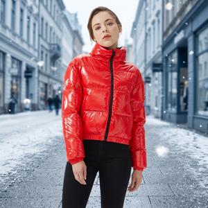 Custom Fashion Winter Hooded Bomber Puffer Coat Women Waterproof Cotton <b>Padded</b> Red 2021 - Product Image 3