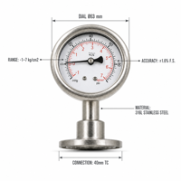 Manomètre sanitaire en acier inoxydable 316L, 63 mm, raccord Tri-Clamp, -1 à 7 Kg/cm², connexion TC 40 mm
