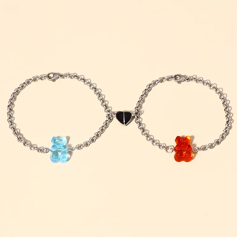 SC New Style Cute Valentine's Day Couple Bracelet Gift Stainless Steel Chain Heart Bracelet Cartoon Bear Bracelet for Couple