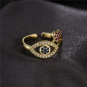 Fashion copper 18k gold eye diamond heart opening adjustable women's rings