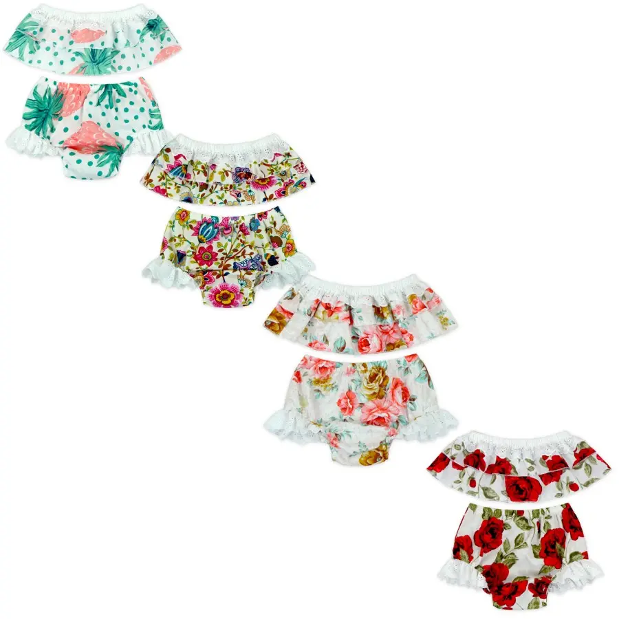 Fiori di pesco Ruffle Off Spalla Top Copertura Del Pannolino del Commercio All'ingrosso Vestiti Del Bambino Vestiti Della Ragazza Set